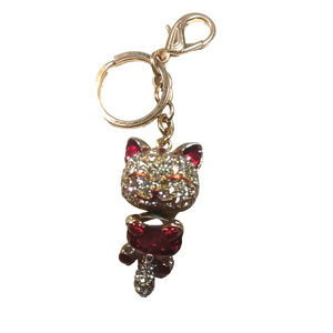 Kitty Cat Red Clear Rhinestone Keychain Luggage Purse Clip Red Heart Smiling Cat